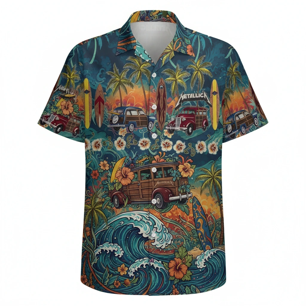 Metallica Aloha Surf Van Hawaiian Shirt Blue Orange 1 - Zonebrick.com
