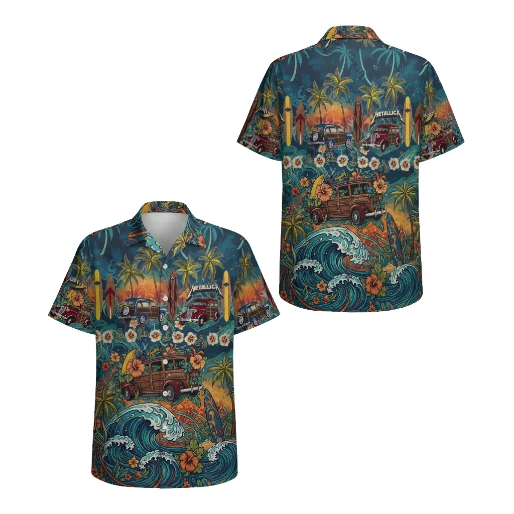 Metallica Aloha Surf Van Hawaiian Shirt Blue Orange - Zonebrick.com