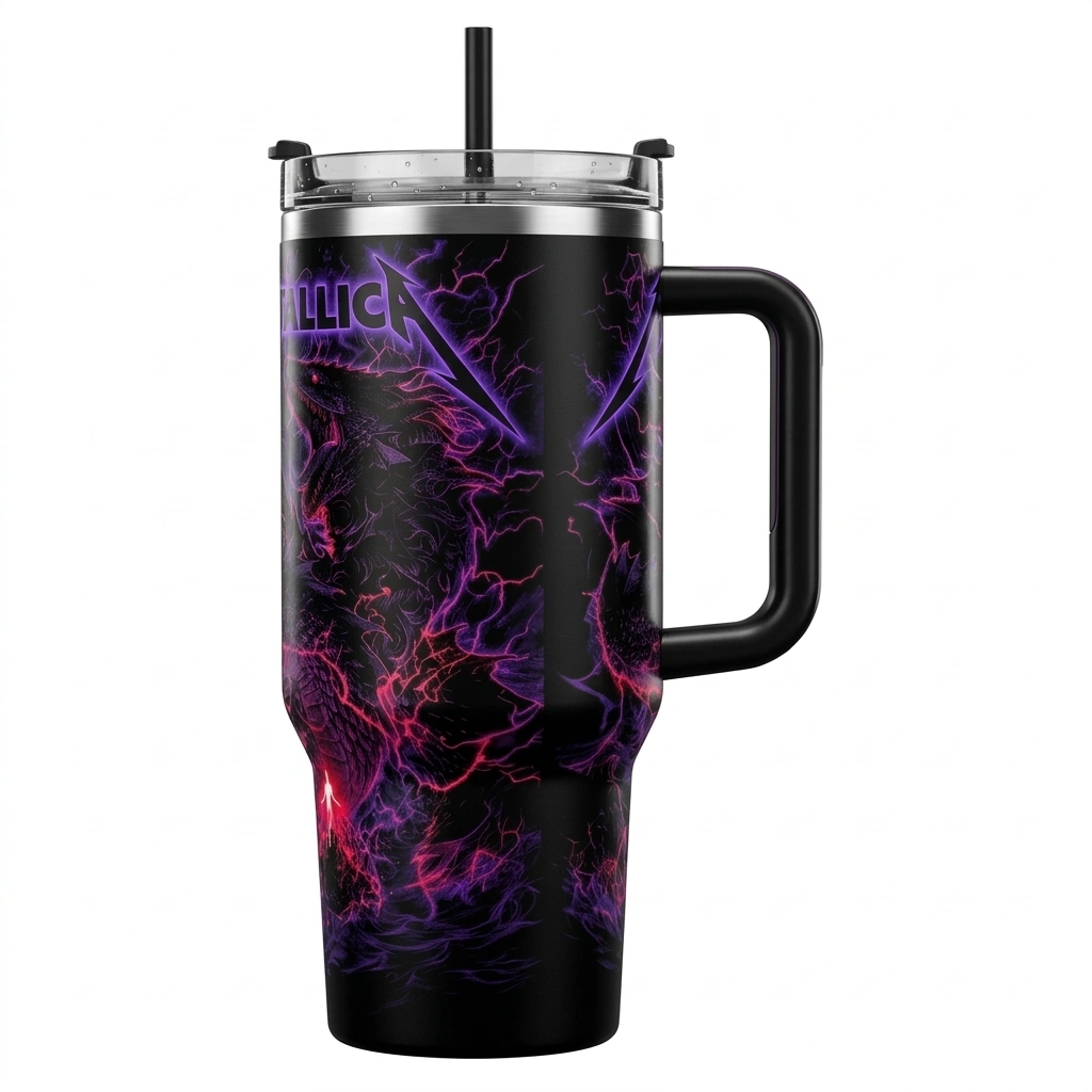 Metallica Dragon 40oz Travel Tumbler Purple Lightning Design 1 - Zonebrick.com