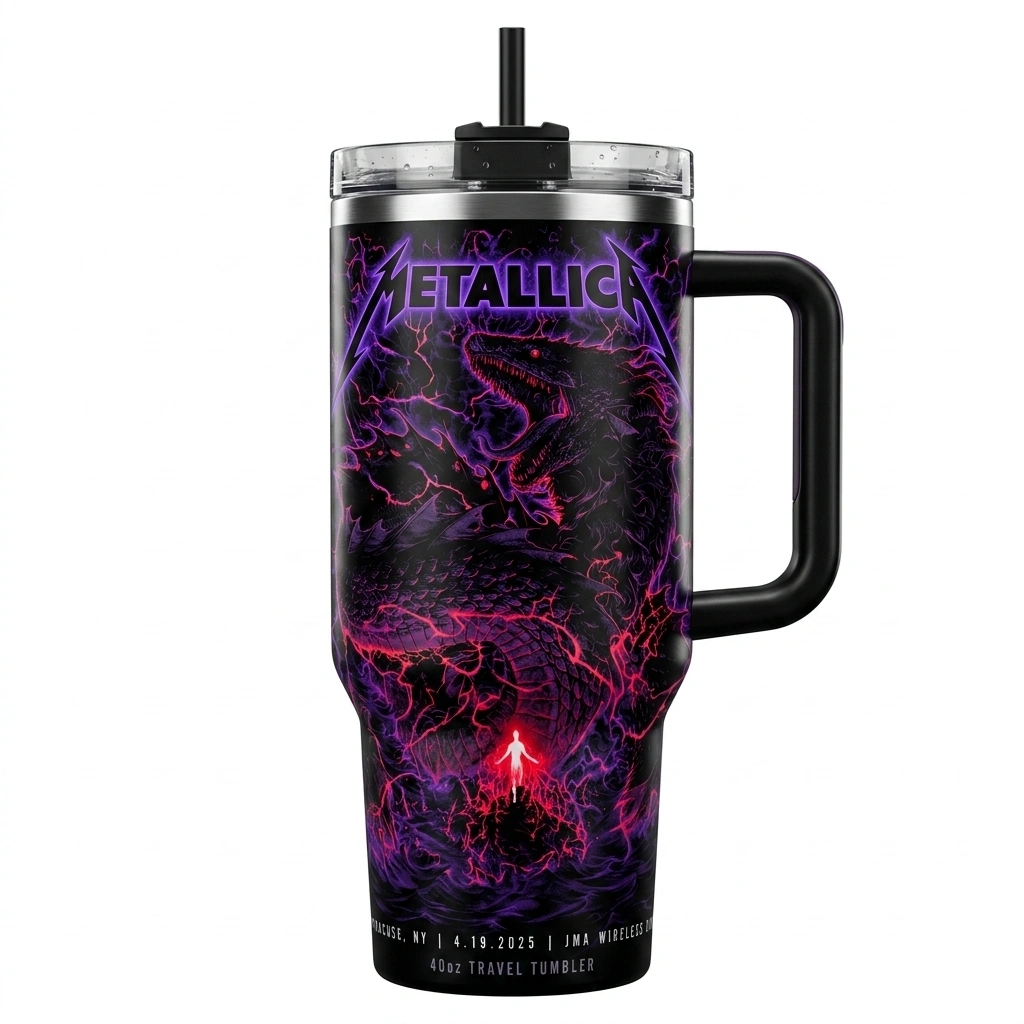 Metallica Dragon 40oz Travel Tumbler Purple Lightning Design - Zonebrick.com