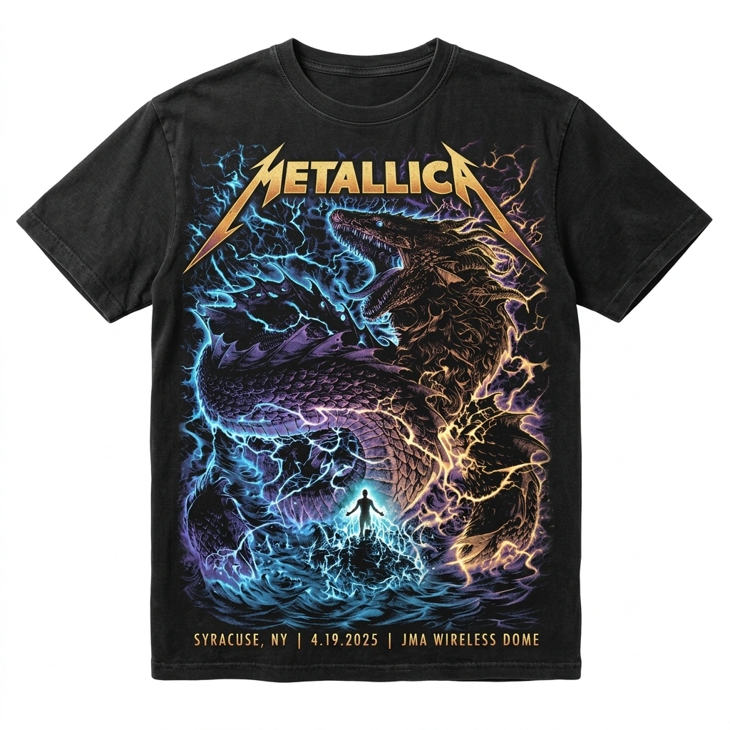 Metallica Dragon Lightning Black 2d Acid Wash T Shirt Syracuse Concert 1 - Zonebrick.com