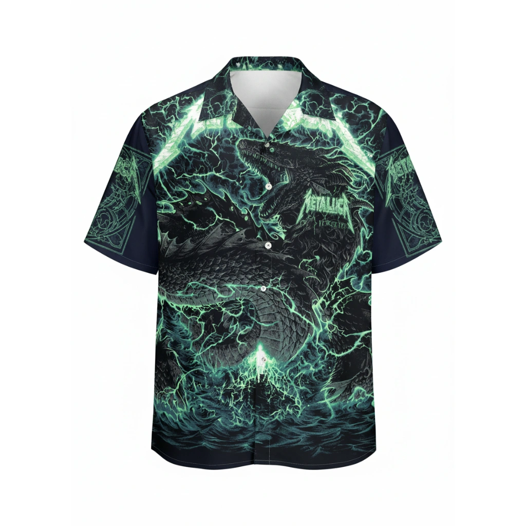 Metallica Dragon Lightning Print Hawaiian Shirt Green Black 1 - Zonebrick.com