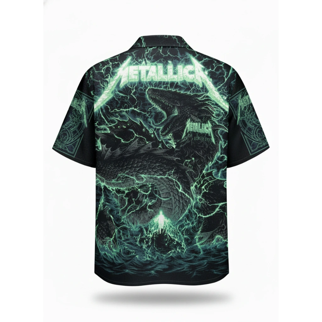 Metallica Dragon Lightning Print Hawaiian Shirt Green Black 2 - Zonebrick.com