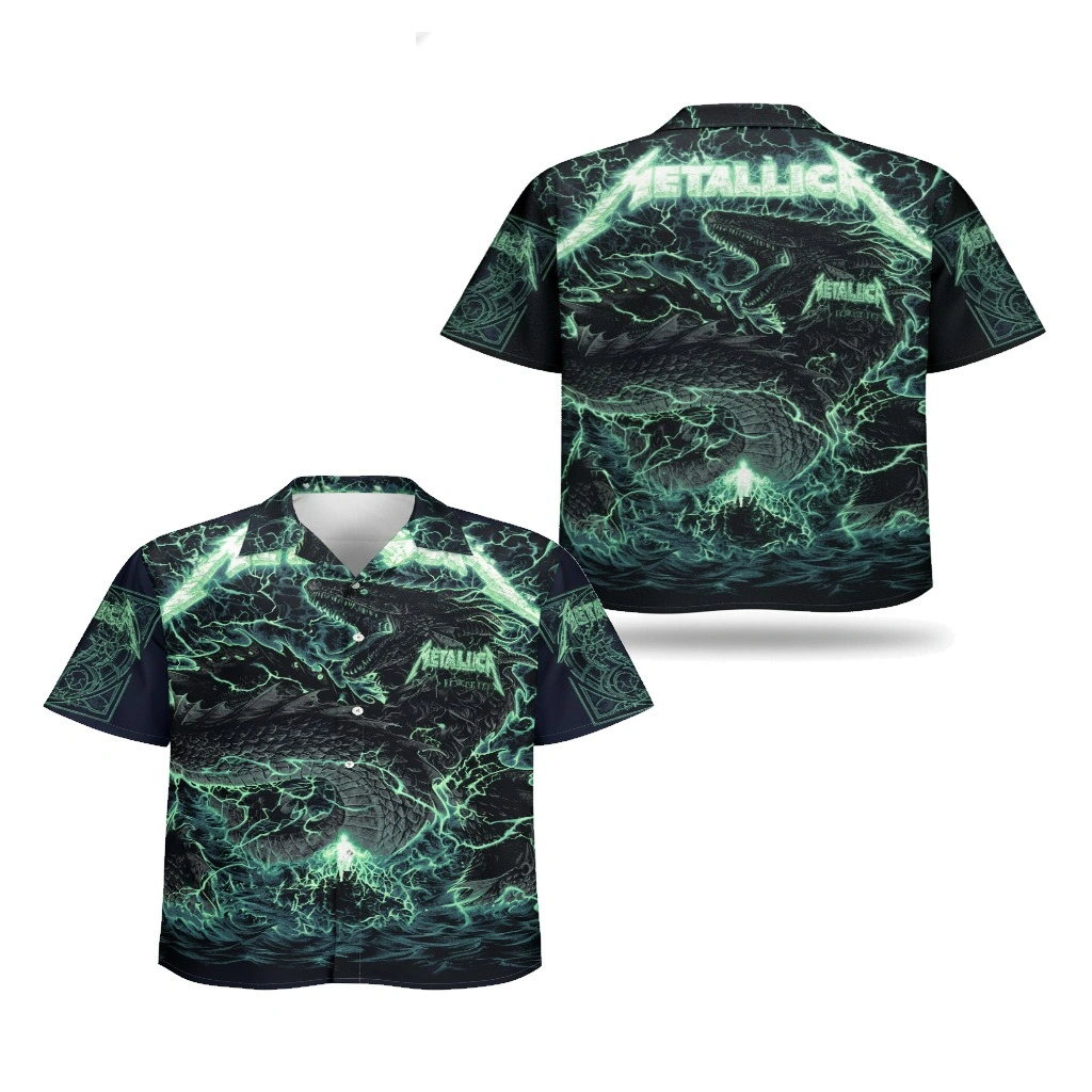 Metallica Dragon Lightning Print Hawaiian Shirt Green Black - Zonebrick.com