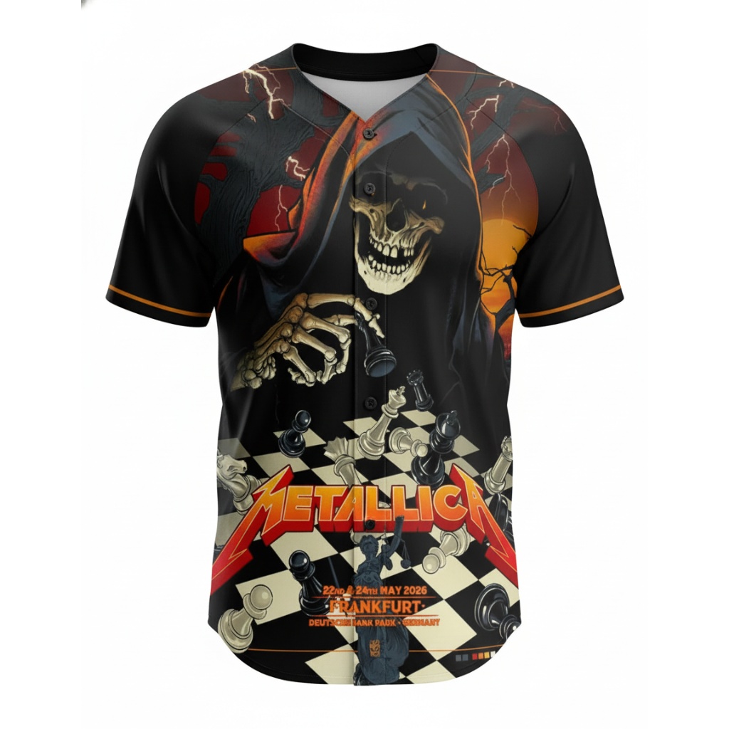 Metallica Frankfurt Germany Grim Reaper Chess Black Baseball Jersey 2026 Tour 1 - Zonebrick.com