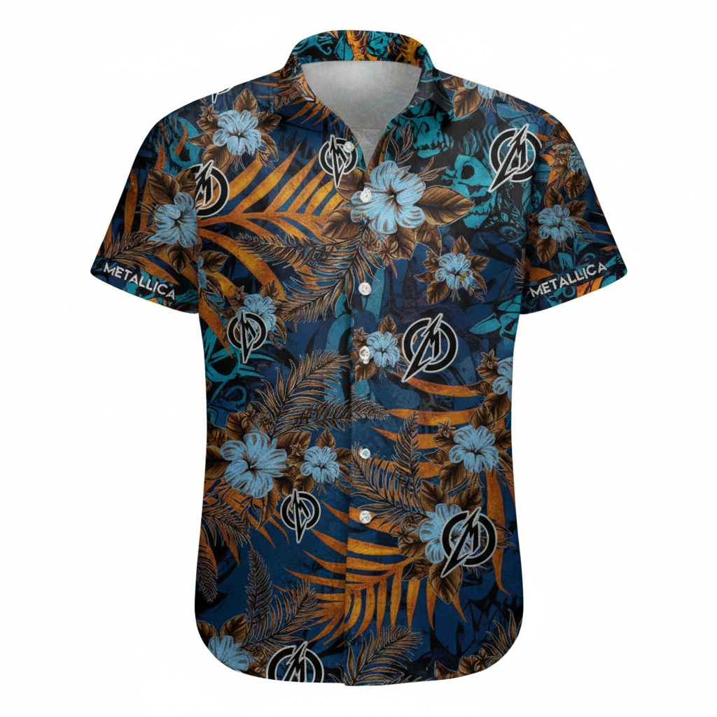 Metallica Hawaiian Shirt Blue Floral Palm Design 1 - Zonebrick.com