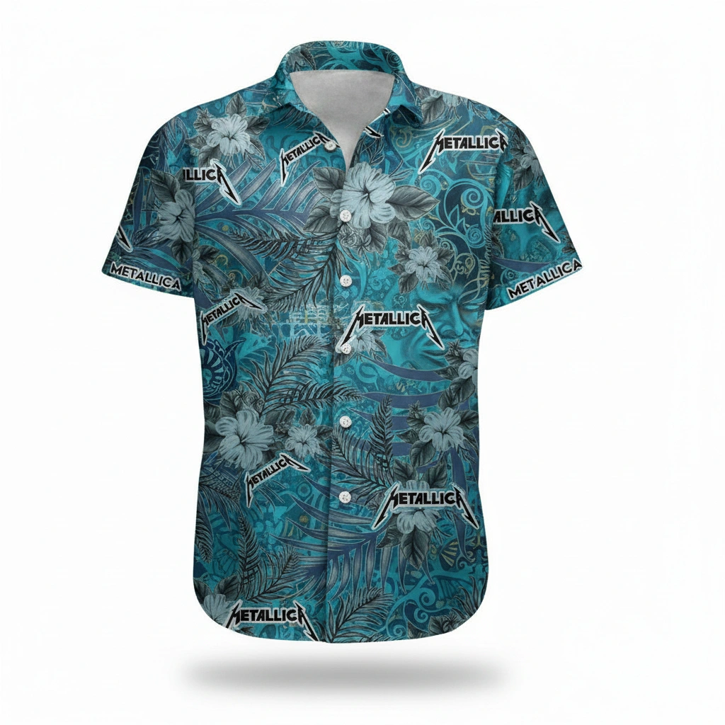 Metallica Hawaiian Shirt Teal Floral Print Band Merch 1 - Zonebrick.com