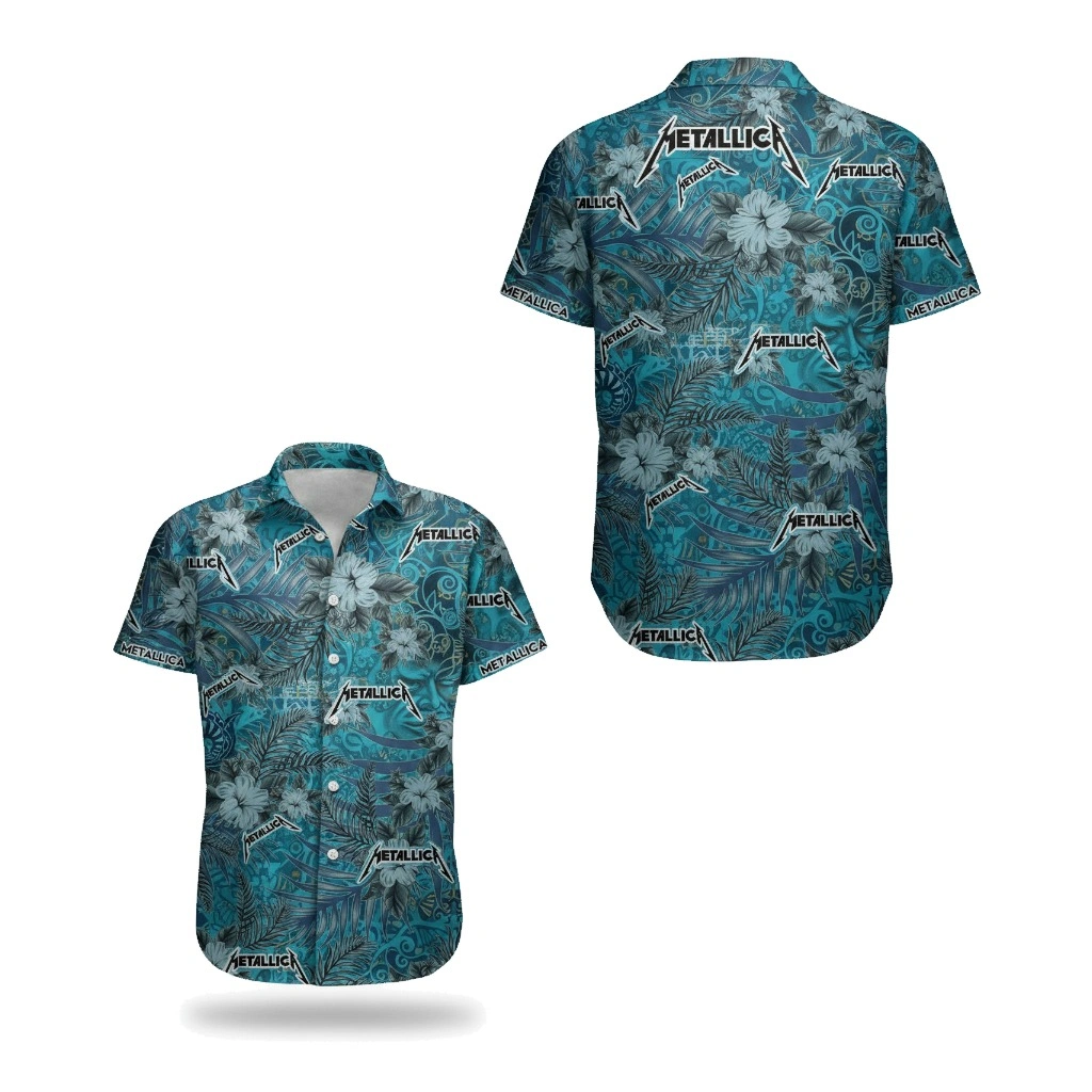 Metallica Hawaiian Shirt Teal Floral Print Band Merch - Zonebrick.com