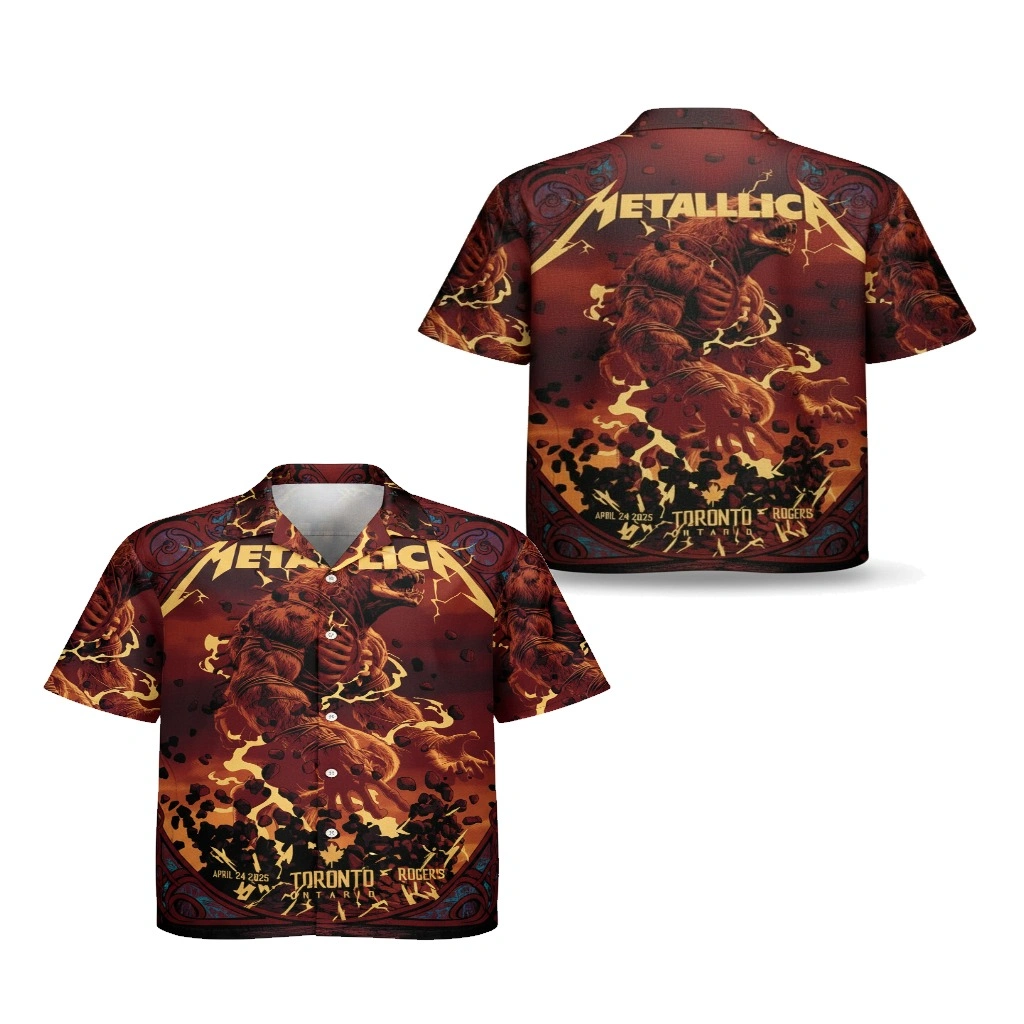 Metallica Monster Print Hawaiian Shirt Red Orange Concert - Zonebrick.com