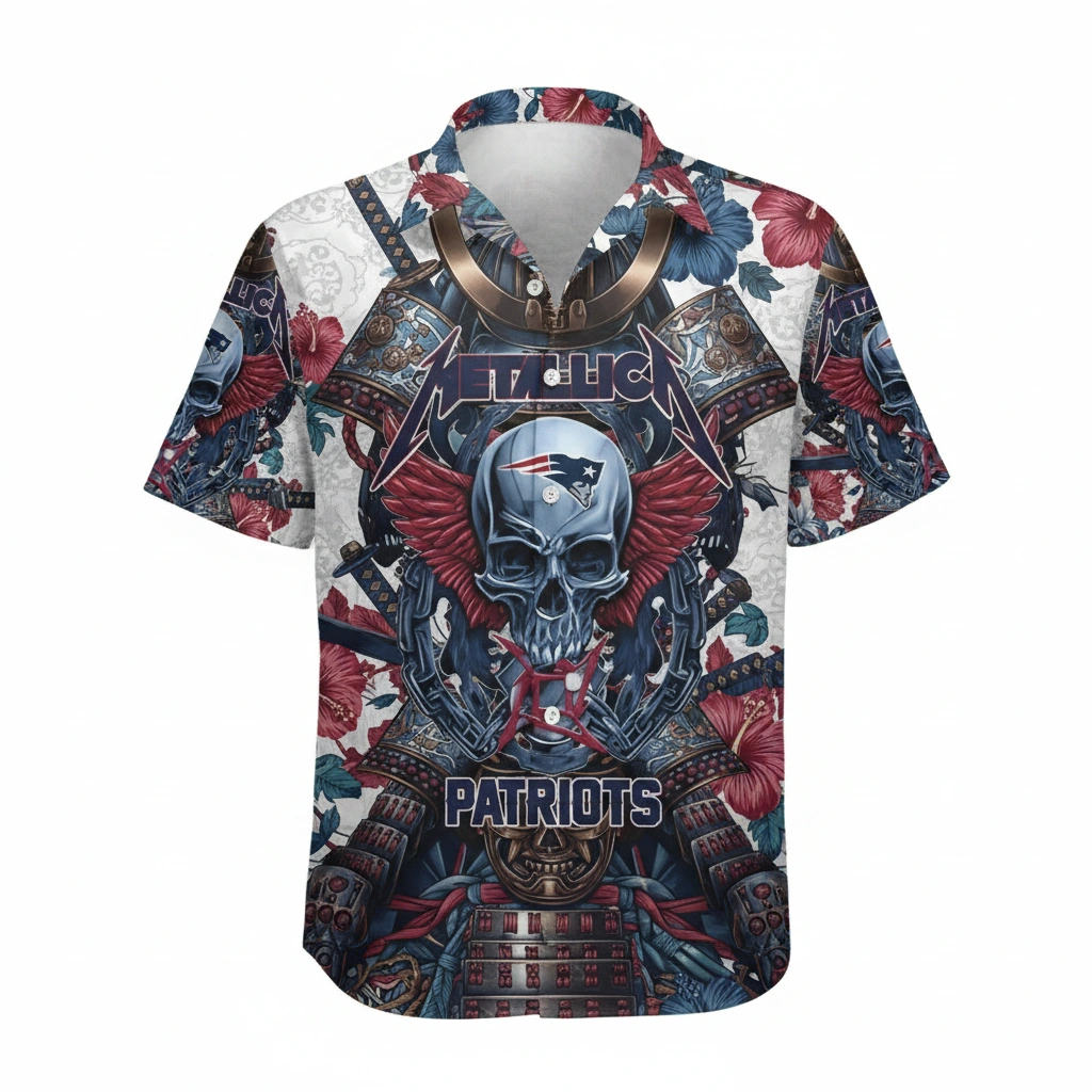 Patriots Samurai Skull Hawaiian Shirt Blue Red Design 1 - Zonebrick.com