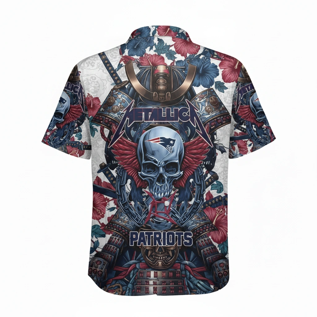 Patriots Samurai Skull Hawaiian Shirt Blue Red Design 2 - Zonebrick.com