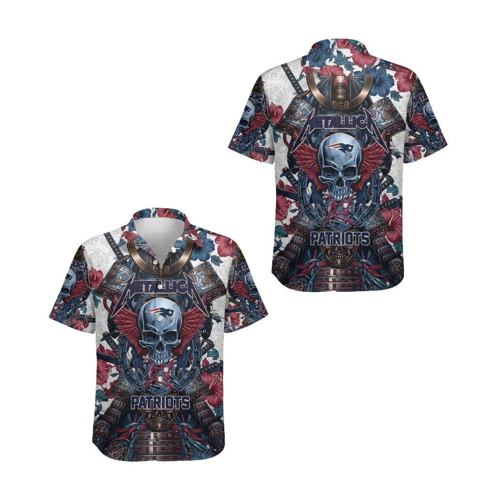 Patriots Samurai Skull Hawaiian Shirt Blue Red Design - Zonebrick.com